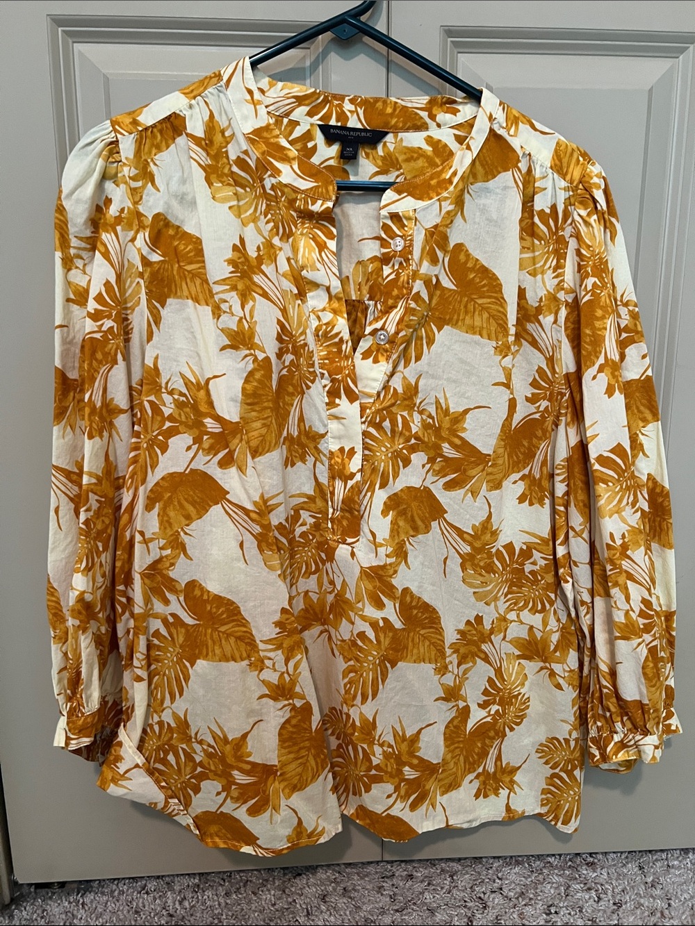 Banana Republic White and Mustard Botanical Print Peasant Blouse
